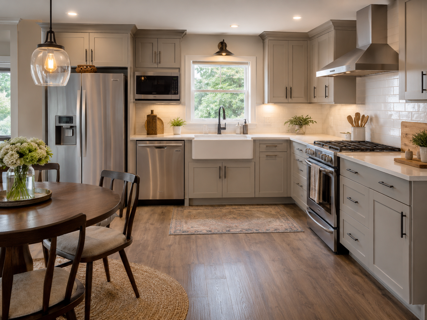 Zeitlos Küche – Soft Grey Kitchen: Ruhige Grautöne mit natürlichem Licht.